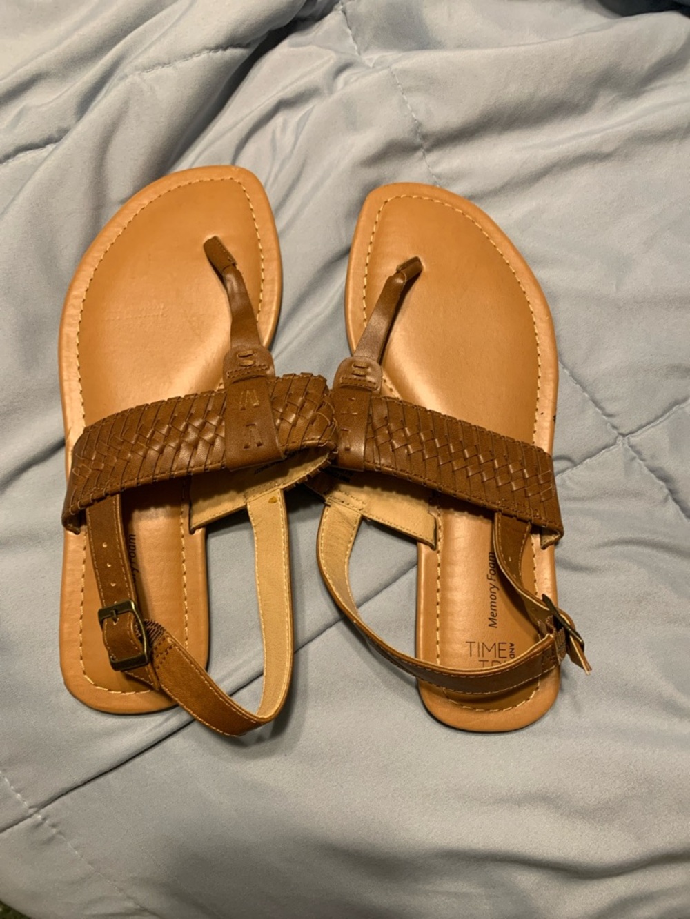 Time and Tru Tan Braided Toe-Post Sandals with Ankle Buckle